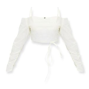 Natural Linen Look Cowl Front Ruched Sleeve Crop Top